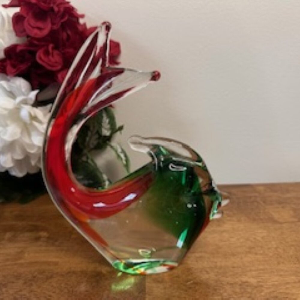 Murano Style Art Glass Fish – Red and Green Aventurine Sculpture